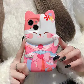 Япония Креативное Милое Мультяшное 3D Кимоно Lucky Cat Maneki-neko Мягкий Чехол Для Телефона iPhone 15 Pro Max 14 13 12 Pro Max Прекрасный Чехол