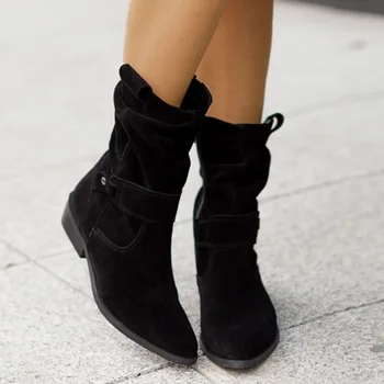 Новые женские ботильоны; зимняя удобная повседневная обувь из искусственной замши на низком каблуке; женские низкие ботинки из искусственной замши; большие размеры