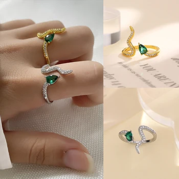 Изысканное кольцо в виде змеи из зеленого хрусталя для женщин, роскошная элегантная оберточная змея, кольца для пальцев со стразами в виде животных, модные украшения