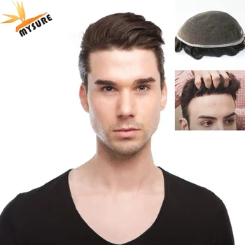 Бесплатная доставка Азиатский парик из человеческих волос для мужчин с полным кружевом   