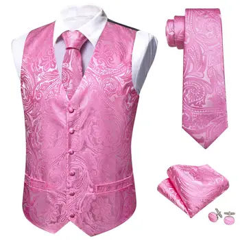Элегантные жилеты для мужчин, шелковый розовый мужской жилет с Пейсли, Комплект галстуков, вечерний костюм, платье без рукавов, жилет для вечеринки, свадьбы Barry Wang
